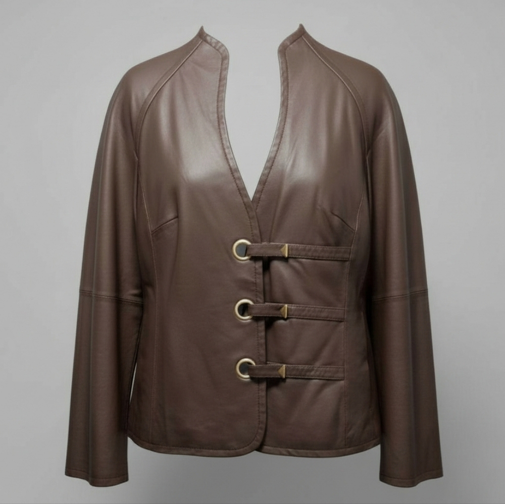 Pam McCoy Chocolate Brown Leather Jacket w/Unique Grommet & Button Front Closure